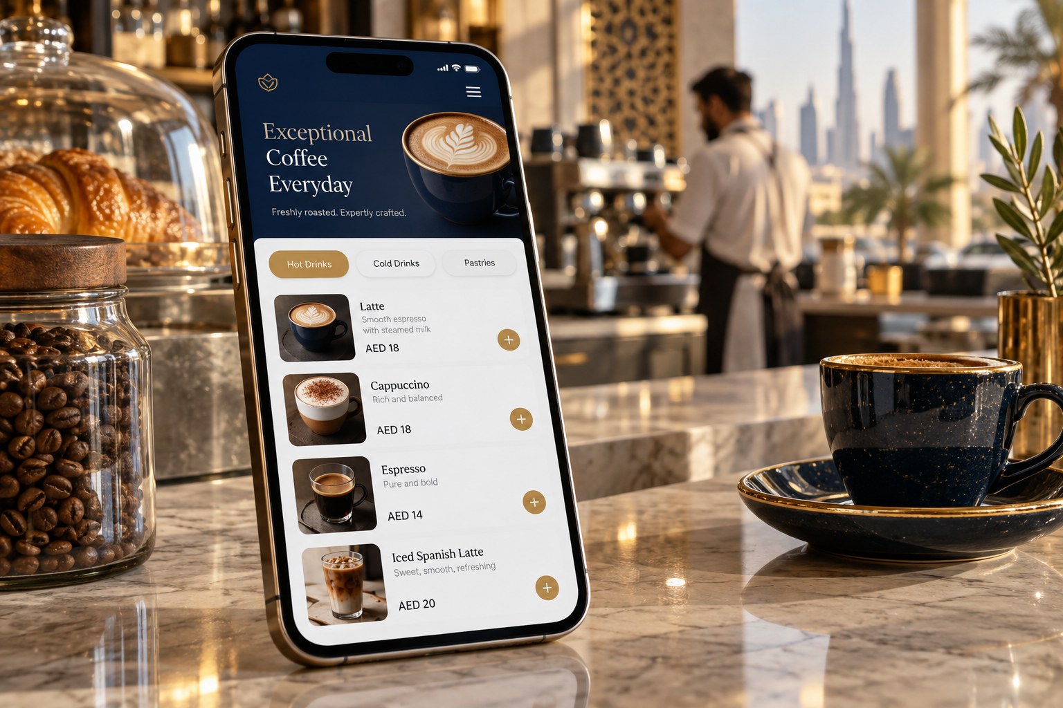 Cafeteria & Café App realistic device and app concept image