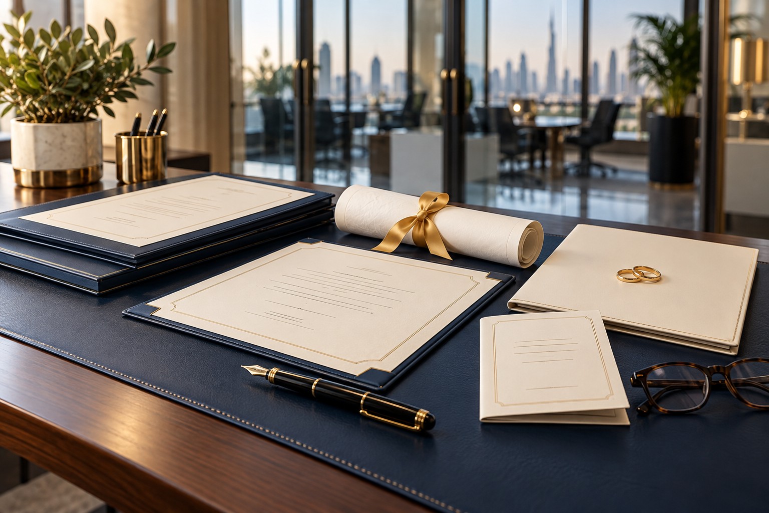 Certificates, diploma and wedding rings arranged on a professional office desk